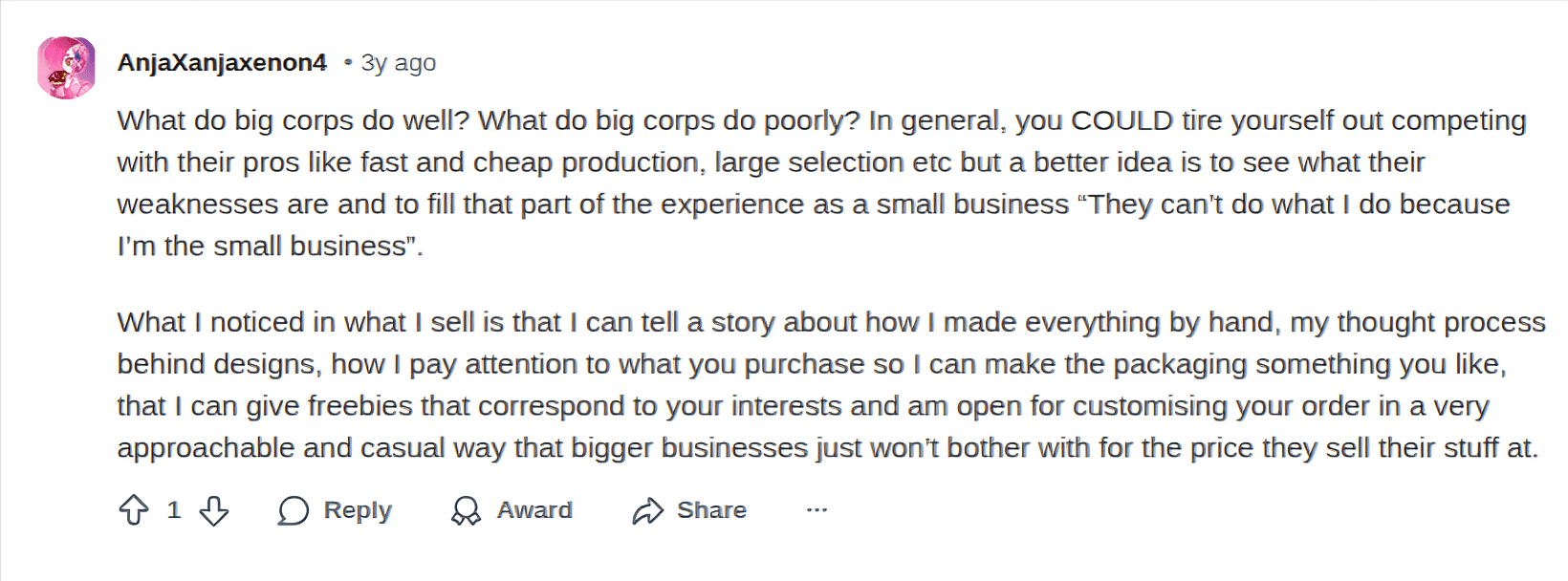 A Reddit user's comment on how to beat bigger businesses