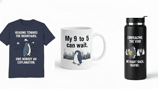 Custom tee, mug, and bottle with ‘Nilhist Penguin’ design