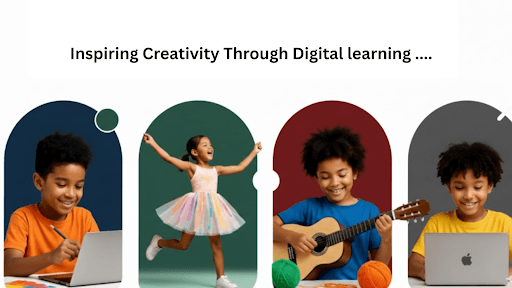 Kids joyfully learning creativity digitally on laptops